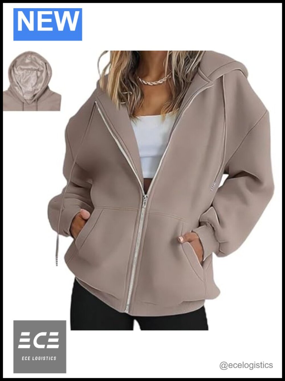 Satin Lined Zip Up Hoodie Oversized Drop Shoulder Sweatshirt
